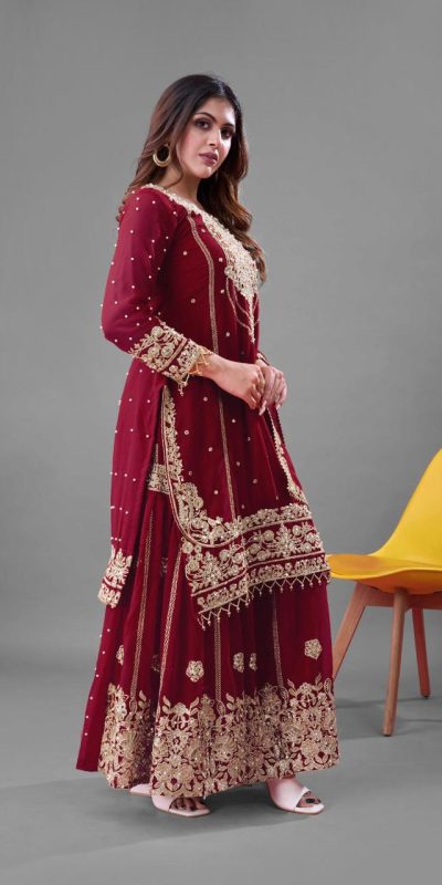 SR 1688 Red Heavy Faux Georgette With Heavy Embroidery Wedding, Party, Festive, Events, Navratri Garba, Reception, Haldi, 4-6 Working Days At 1949 Only | Jump Suits, Salwar suit, Casual Suits, Creative suits, Designer Suits, Palazzo Suits, Party Wear Suits, Patiala Suits, Straight Suits