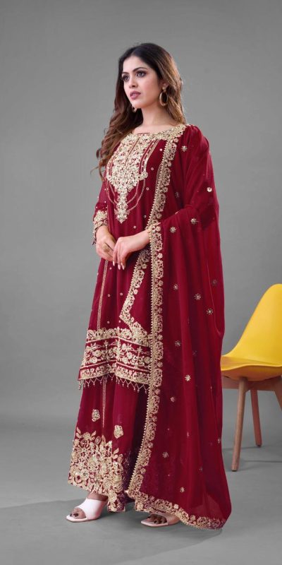 SR 1688 Red Heavy Faux Georgette With Heavy Embroidery Wedding, Party, Festive, Events, Navratri Garba, Reception, Haldi, 4-6 Working Days At 1949 Only | Jump Suits, Salwar suit, Casual Suits, Creative suits, Designer Suits, Palazzo Suits, Party Wear Suits, Patiala Suits, Straight Suits