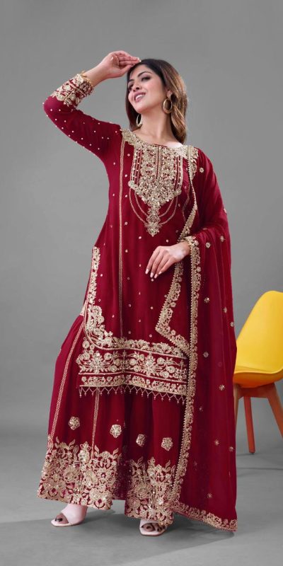 SR 1688 Red Heavy Faux Georgette With Heavy Embroidery Wedding, Party, Festive, Events, Navratri Garba, Reception, Haldi, 4-6 Working Days At 1949 Only | Jump Suits, Salwar suit, Casual Suits, Creative suits, Designer Suits, Palazzo Suits, Party Wear Suits, Patiala Suits, Straight Suits