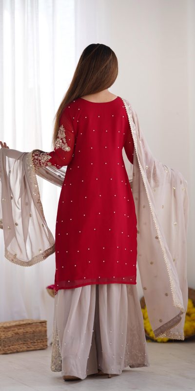 SR 1676 Red Red Heavy Faux Georgette With Heavy Embroidery Perfect for Wedding, Party, Ethnic Day, Reception, Diwali 4-6 Working Days At 2049/- Only | Jump Suits, Salwar suit, Casual Suits, Creative suits, Designer Suits, Palazzo Suits, Party Wear Suits, Patiala Suits, Straight Suits