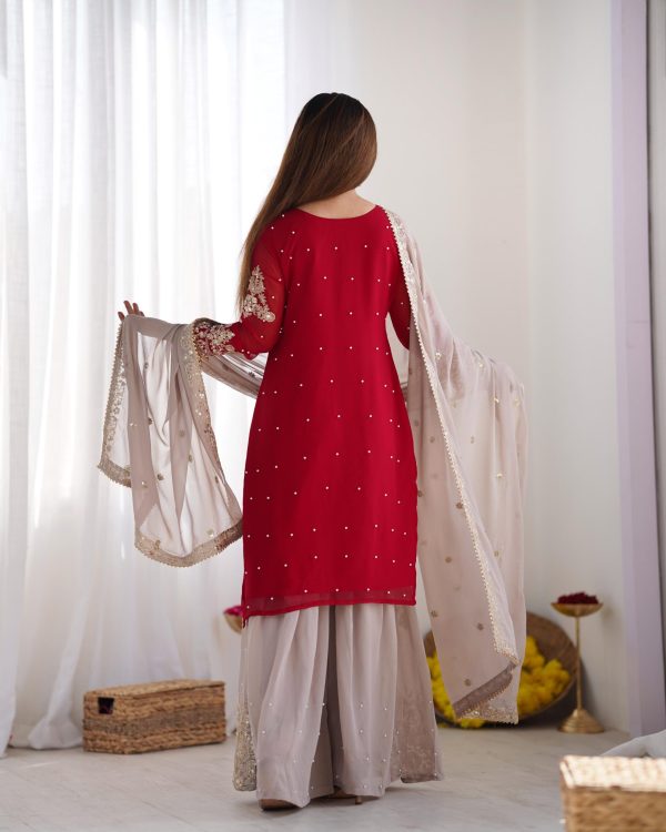 SR 1676 Red Red Heavy Faux Georgette With Heavy Embroidery Perfect for Wedding, Party, Ethnic Day, Reception, Diwali 4-6 Working Days At 2049/- Only | Jump Suits, Salwar suit, Casual Suits, Creative suits, Designer Suits, Palazzo Suits, Party Wear Suits, Patiala Suits, Straight Suits