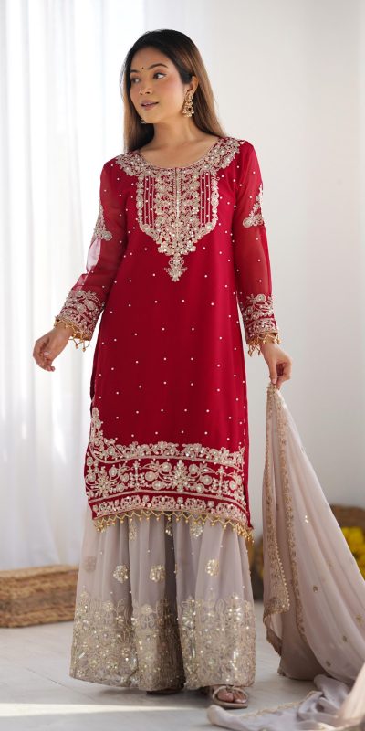 SR 1676 Red Red Heavy Faux Georgette With Heavy Embroidery Perfect for Wedding, Party, Ethnic Day, Reception, Diwali 4-6 Working Days At 2049/- Only | Jump Suits, Salwar suit, Casual Suits, Creative suits, Designer Suits, Palazzo Suits, Party Wear Suits, Patiala Suits, Straight Suits