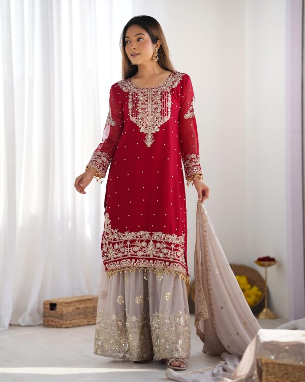 SR 1676 Red Red Heavy Faux Georgette With Heavy Embroidery Perfect for Wedding, Party, Ethnic Day, Reception, Diwali 4-6 Working Days At 2049/- Only | Jump Suits, Salwar suit, Casual Suits, Creative suits, Designer Suits, Palazzo Suits, Party Wear Suits, Patiala Suits, Straight Suits