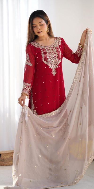 SR 1676 Red Red Heavy Faux Georgette With Heavy Embroidery Perfect for Wedding, Party, Ethnic Day, Reception, Diwali 4-6 Working Days At 2049/- Only | Jump Suits, Salwar suit, Casual Suits, Creative suits, Designer Suits, Palazzo Suits, Party Wear Suits, Patiala Suits, Straight Suits