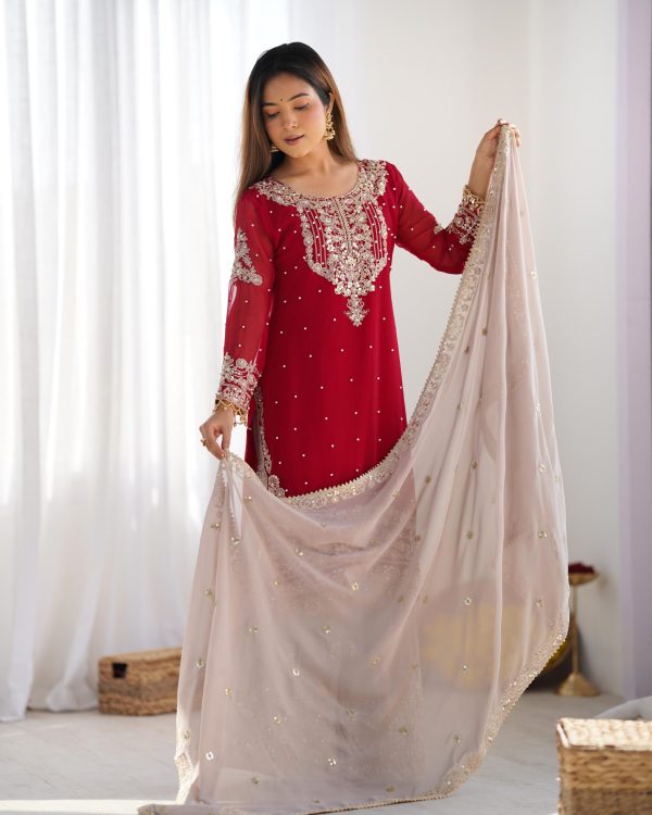 SR 1676 Red Red Heavy Faux Georgette With Heavy Embroidery Perfect for Wedding, Party, Ethnic Day, Reception, Diwali 4-6 Working Days At 2049/- Only | Jump Suits, Salwar suit, Casual Suits, Creative suits, Designer Suits, Palazzo Suits, Party Wear Suits, Patiala Suits, Straight Suits