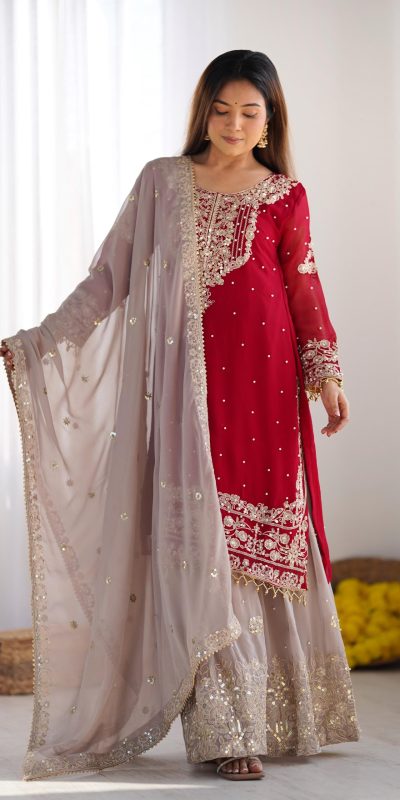 SR 1676 Red Red Heavy Faux Georgette With Heavy Embroidery Perfect for Wedding, Party, Ethnic Day, Reception, Diwali 4-6 Working Days At 2049/- Only | Jump Suits, Salwar suit, Casual Suits, Creative suits, Designer Suits, Palazzo Suits, Party Wear Suits, Patiala Suits, Straight Suits