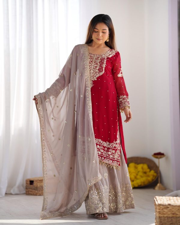 SR 1676 Red Red Heavy Faux Georgette With Heavy Embroidery Perfect for Wedding, Party, Ethnic Day, Reception, Diwali 4-6 Working Days At 2049/- Only | Jump Suits, Salwar suit, Casual Suits, Creative suits, Designer Suits, Palazzo Suits, Party Wear Suits, Patiala Suits, Straight Suits