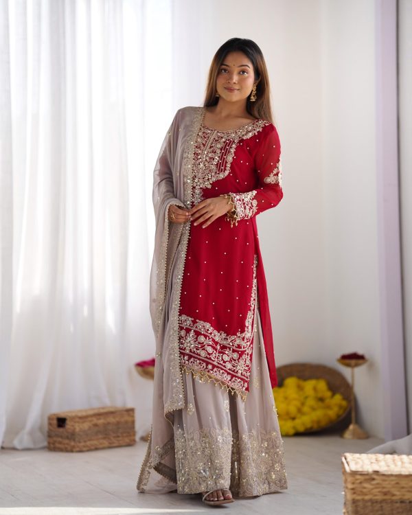 SR 1676 Red Red Heavy Faux Georgette With Heavy Embroidery Perfect for Wedding, Party, Ethnic Day, Reception, Diwali 4-6 Working Days At 2049/- Only | Jump Suits, Salwar suit, Casual Suits, Creative suits, Designer Suits, Palazzo Suits, Party Wear Suits, Patiala Suits, Straight Suits