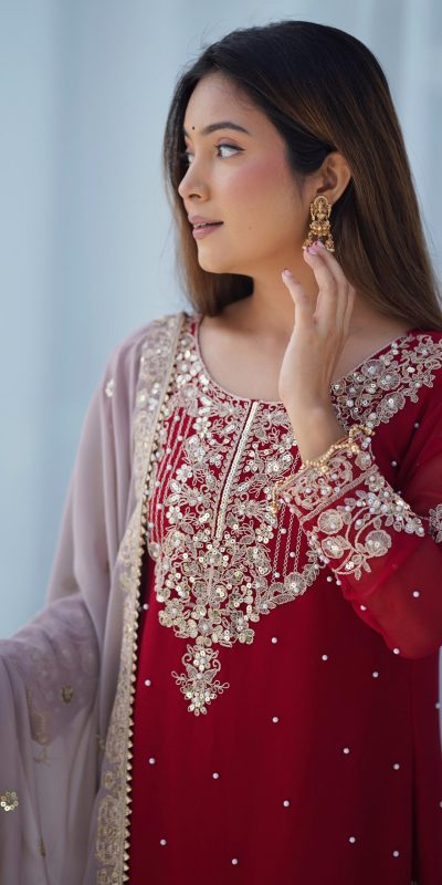 SR 1676 Red Red Heavy Faux Georgette With Heavy Embroidery Perfect for Wedding, Party, Ethnic Day, Reception, Diwali 4-6 Working Days At 2049/- Only | Jump Suits, Salwar suit, Casual Suits, Creative suits, Designer Suits, Palazzo Suits, Party Wear Suits, Patiala Suits, Straight Suits