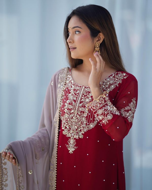 SR 1676 Red Red Heavy Faux Georgette With Heavy Embroidery Perfect for Wedding, Party, Ethnic Day, Reception, Diwali 4-6 Working Days At 2049/- Only | Jump Suits, Salwar suit, Casual Suits, Creative suits, Designer Suits, Palazzo Suits, Party Wear Suits, Patiala Suits, Straight Suits