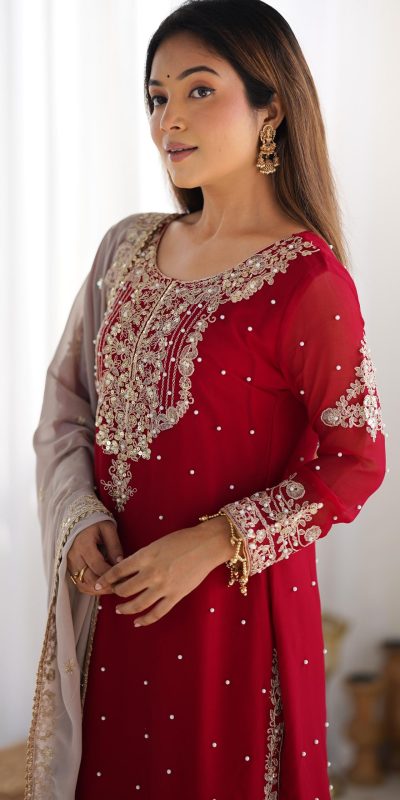 SR 1676 Red Red Heavy Faux Georgette With Heavy Embroidery Perfect for Wedding, Party, Ethnic Day, Reception, Diwali 4-6 Working Days At 2049/- Only | Jump Suits, Salwar suit, Casual Suits, Creative suits, Designer Suits, Palazzo Suits, Party Wear Suits, Patiala Suits, Straight Suits