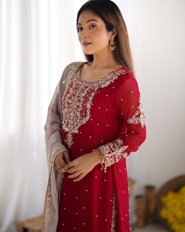 SR 1676 Red Red Heavy Faux Georgette With Heavy Embroidery Perfect for Wedding, Party, Ethnic Day, Reception, Diwali 4-6 Working Days At 2049/- Only | Jump Suits, Salwar suit, Casual Suits, Creative suits, Designer Suits, Palazzo Suits, Party Wear Suits, Patiala Suits, Straight Suits