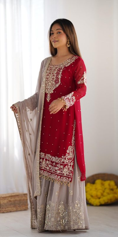 SR 1676 Red Red Heavy Faux Georgette With Heavy Embroidery Perfect for Wedding, Party, Ethnic Day, Reception, Diwali 4-6 Working Days At 2049/- Only | Jump Suits, Salwar suit, Casual Suits, Creative suits, Designer Suits, Palazzo Suits, Party Wear Suits, Patiala Suits, Straight Suits