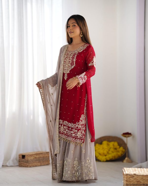 SR 1676 Red Red Heavy Faux Georgette With Heavy Embroidery Perfect for Wedding, Party, Ethnic Day, Reception, Diwali 4-6 Working Days At 2049/- Only | Jump Suits, Salwar suit, Casual Suits, Creative suits, Designer Suits, Palazzo Suits, Party Wear Suits, Patiala Suits, Straight Suits