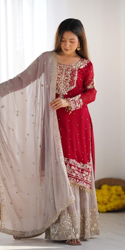 SR 1676 Red Red Heavy Faux Georgette With Heavy Embroidery Perfect for Wedding, Party, Ethnic Day, Reception, Diwali 4-6 Working Days At 2049/- Only | Jump Suits, Salwar suit, Casual Suits, Creative suits, Designer Suits, Palazzo Suits, Party Wear Suits, Patiala Suits, Straight Suits