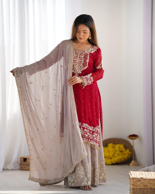 SR 1676 Red Red Heavy Faux Georgette With Heavy Embroidery Perfect for Wedding, Party, Ethnic Day, Reception, Diwali 4-6 Working Days At 2049/- Only | Jump Suits, Salwar suit, Casual Suits, Creative suits, Designer Suits, Palazzo Suits, Party Wear Suits, Patiala Suits, Straight Suits