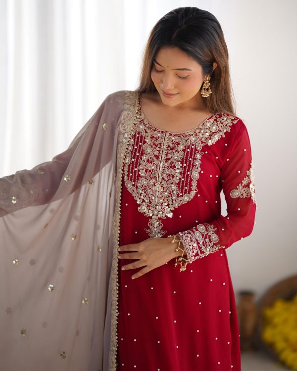 SR 1676 Red Red Heavy Faux Georgette With Heavy Embroidery Perfect for Wedding, Party, Ethnic Day, Reception, Diwali 4-6 Working Days At 2049/- Only | Jump Suits, Salwar suit, Casual Suits, Creative suits, Designer Suits, Palazzo Suits, Party Wear Suits, Patiala Suits, Straight Suits