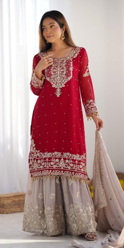SR 1676 Red Red Heavy Faux Georgette With Heavy Embroidery Perfect for Wedding, Party, Ethnic Day, Reception, Diwali 4-6 Working Days At 2049/- Only | Jump Suits, Salwar suit, Casual Suits, Creative suits, Designer Suits, Palazzo Suits, Party Wear Suits, Patiala Suits, Straight Suits