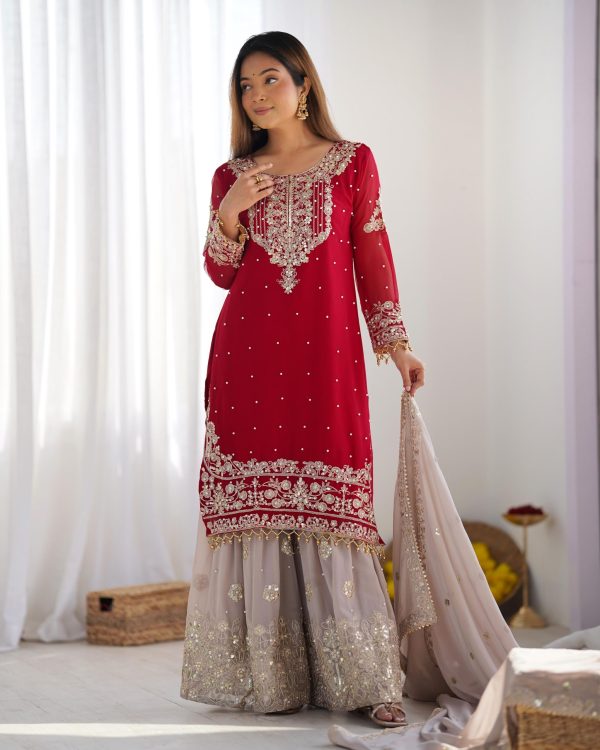 SR 1676 Red Red Heavy Faux Georgette With Heavy Embroidery Perfect for Wedding, Party, Ethnic Day, Reception, Diwali 4-6 Working Days At 2049/- Only | Jump Suits, Salwar suit, Casual Suits, Creative suits, Designer Suits, Palazzo Suits, Party Wear Suits, Patiala Suits, Straight Suits
