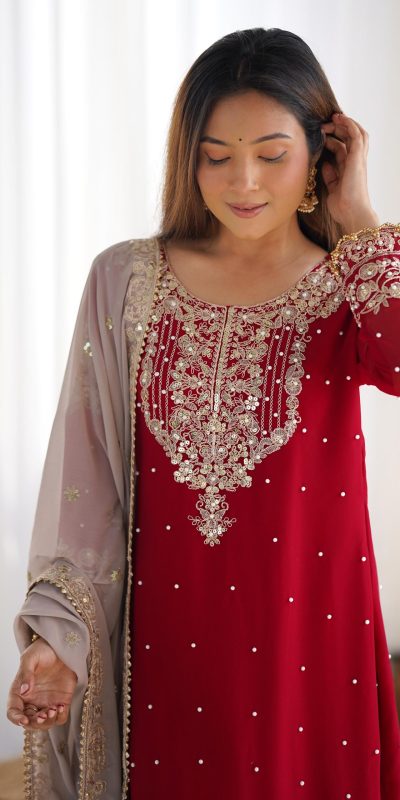 SR 1676 Red Red Heavy Faux Georgette With Heavy Embroidery Perfect for Wedding, Party, Ethnic Day, Reception, Diwali 4-6 Working Days At 2049/- Only | Jump Suits, Salwar suit, Casual Suits, Creative suits, Designer Suits, Palazzo Suits, Party Wear Suits, Patiala Suits, Straight Suits