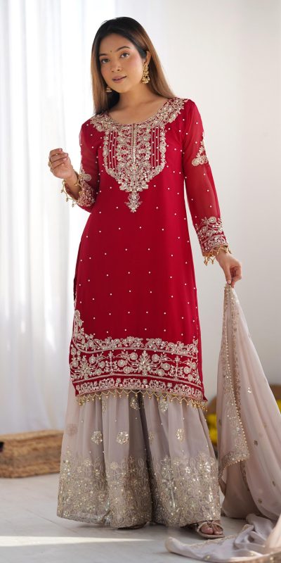 SR 1676 Red Red Heavy Faux Georgette With Heavy Embroidery Perfect for Wedding, Party, Ethnic Day, Reception, Diwali 4-6 Working Days At 2049/- Only | Jump Suits, Salwar suit, Casual Suits, Creative suits, Designer Suits, Palazzo Suits, Party Wear Suits, Patiala Suits, Straight Suits