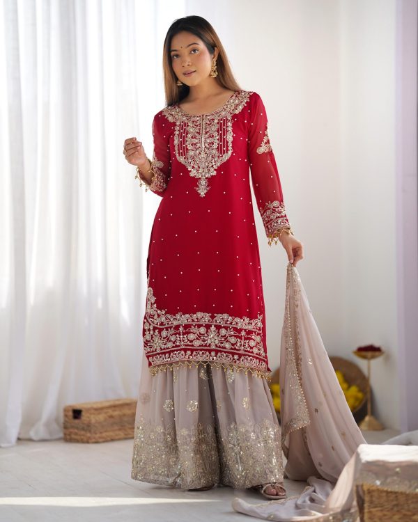 SR 1676 Red Red Heavy Faux Georgette With Heavy Embroidery Perfect for Wedding, Party, Ethnic Day, Reception, Diwali 4-6 Working Days At 2049/- Only | Jump Suits, Salwar suit, Casual Suits, Creative suits, Designer Suits, Palazzo Suits, Party Wear Suits, Patiala Suits, Straight Suits