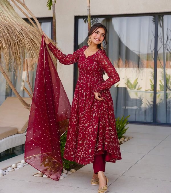 ZSR 3145 Red Faux Georgette With Embroidery Sequence Work Gown Perfect for Wedding, Party, Bridal Wear, Family Gatherings, Festival Celebrations – . Now | Gowns, Bollywood Gowns, Creative Gowns, Designer Gowns, Embroidered Gowns, Party Wear Gowns