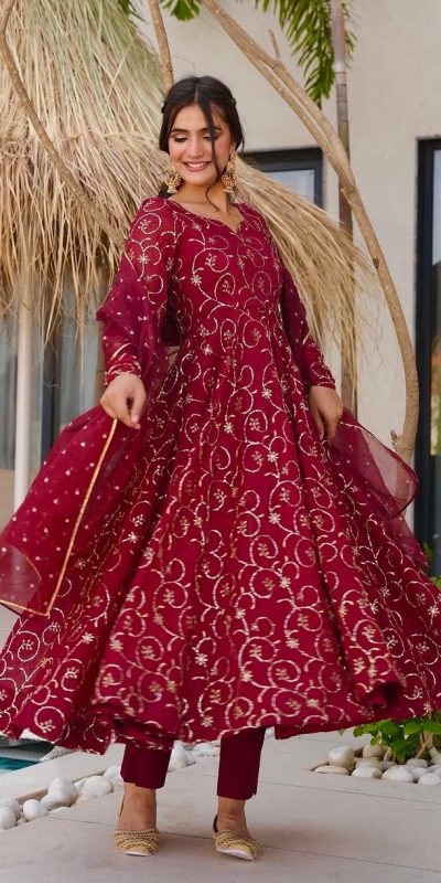 ZSR 3145 Red Faux Georgette With Embroidery Sequence Work Gown Perfect for Wedding, Party, Bridal Wear, Family Gatherings, Festival Celebrations – . Now | Gowns, Bollywood Gowns, Creative Gowns, Designer Gowns, Embroidered Gowns, Party Wear Gowns