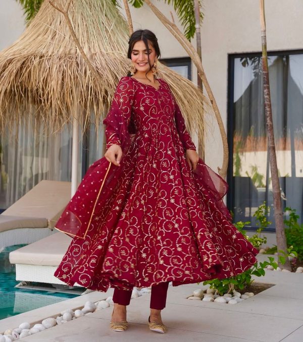 ZSR 3145 Red Faux Georgette With Embroidery Sequence Work Gown Perfect for Wedding, Party, Bridal Wear, Family Gatherings, Festival Celebrations – . Now | Gowns, Bollywood Gowns, Creative Gowns, Designer Gowns, Embroidered Gowns, Party Wear Gowns