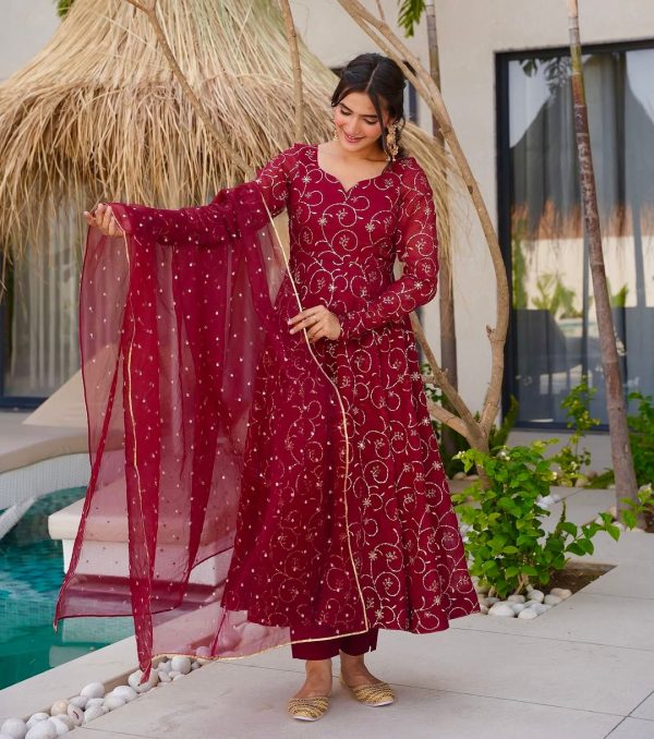 ZSR 3145 Red Faux Georgette With Embroidery Sequence Work Gown Perfect for Wedding, Party, Bridal Wear, Family Gatherings, Festival Celebrations – . Now | Gowns, Bollywood Gowns, Creative Gowns, Designer Gowns, Embroidered Gowns, Party Wear Gowns