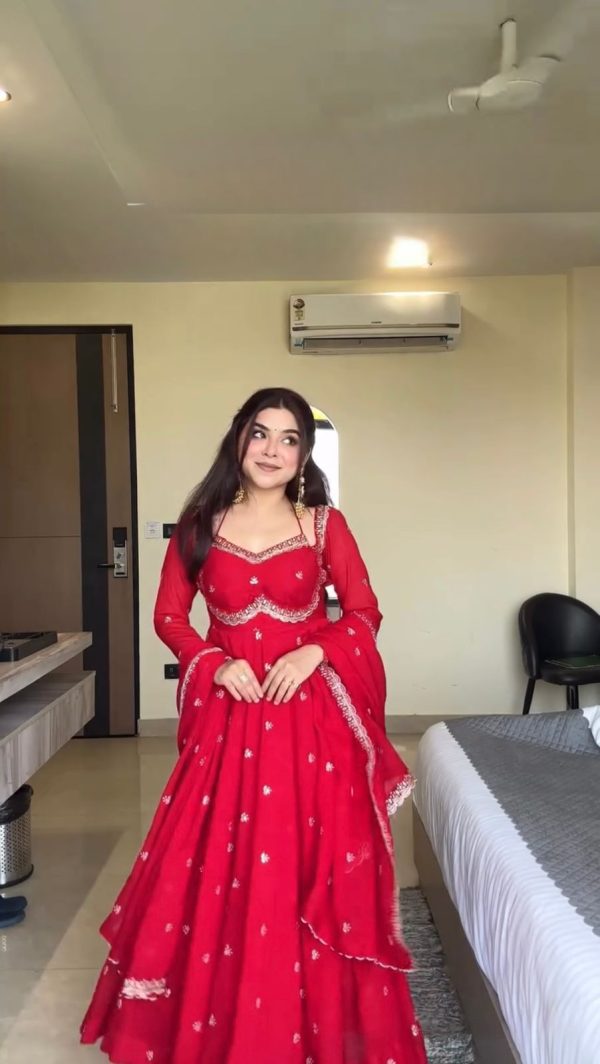 RTC 5924 Red Georgette Thread With Sequence Gown Perfect for Wedding, Party, Reception, Holi, Eid . Available at ₹1999 only. Delivery 4-6 Working Days. | Gowns, Bollywood Gowns, Creative Gowns, Designer Gowns, Embroidered Gowns, Party Wear Gowns