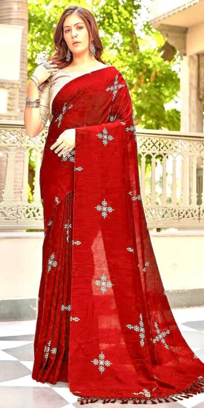 Red Natural Silk With Thread Embroidery Saree