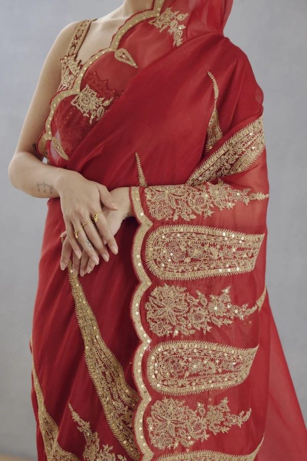 DF Queen Red Organza Tissue Saree with Sequins Work & Embroidery. Festive Deal ₹2499. Delivery 4-6 Working Days. Shop now. | Sarees, Bollywood Sarees, Creative Sarees, Designer Sarees, Embroidered Sarees, Ethnic Saree, Modern Digital sarees, Party Wear Sarees
