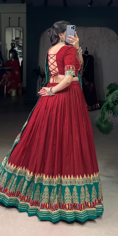 LNB 1727 Red Tasar Silk With Gamthi Work & Mirror Work. Get it for Lehenga Choli ₹2999. Delivery 4-6 Working Days. Shop now. | Lehenga, Bollywood Lehenga, Creative Lehenga, Designer Lehenga, Embroidered Lehenga, Party Wear Lehenga