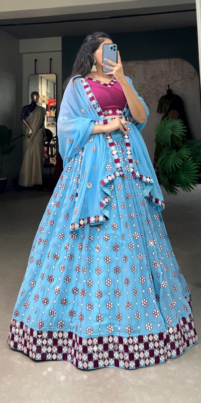 Choli LNB 1733 Sky Blue Georgette Mirror Work & Embroidery Work Lehenga in . Now at just ₹1999. Delivery 4-6 Working Days. Shop now. | Lehenga, Bollywood Lehenga, Creative Lehenga, Designer Lehenga, Embroidered Lehenga, Party Wear Lehenga