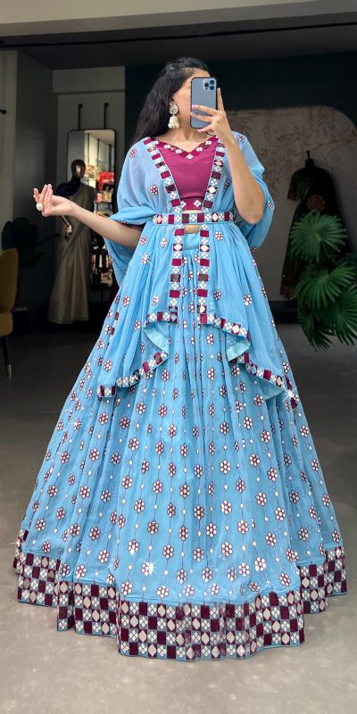 Choli LNB 1733 Sky Blue Georgette Mirror Work & Embroidery Work Lehenga in . Now at just ₹1999. Delivery 4-6 Working Days. Shop now. | Lehenga, Bollywood Lehenga, Creative Lehenga, Designer Lehenga, Embroidered Lehenga, Party Wear Lehenga