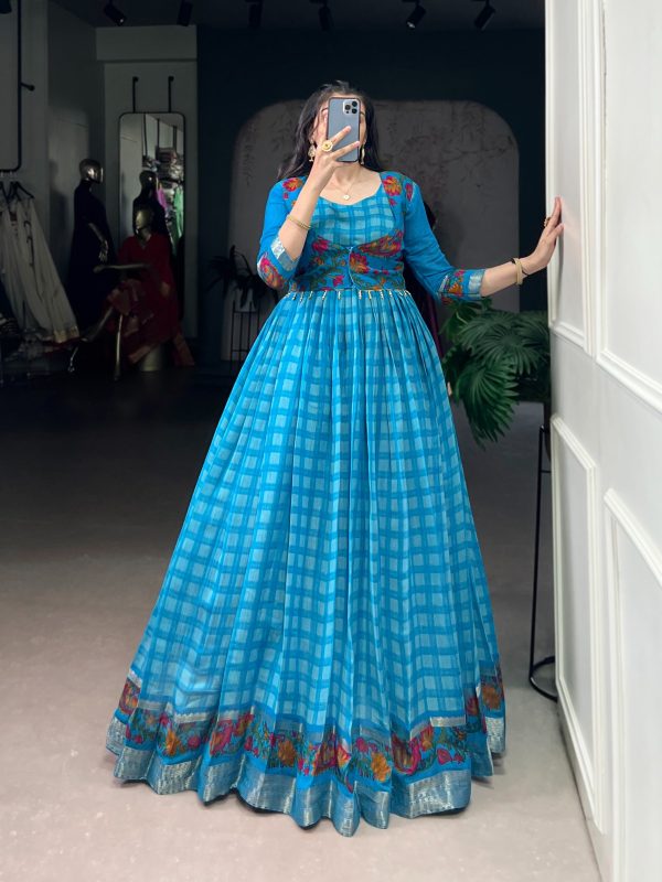 YNF 5034 Sky Blue Polyester Viscose Chanderi Zari Work & Lace Work Gown in . Affordable Price ₹1799. Delivery 4-6 Working Days. Shop now. | Gowns, Bollywood Gowns, Creative Gowns, Designer Gowns, Embroidered Gowns, Party Wear Gowns