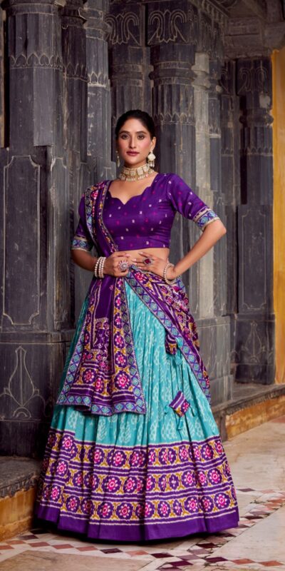 Sky Blue Tasar Silk Sequins Embroidery Work Lehenga Choli