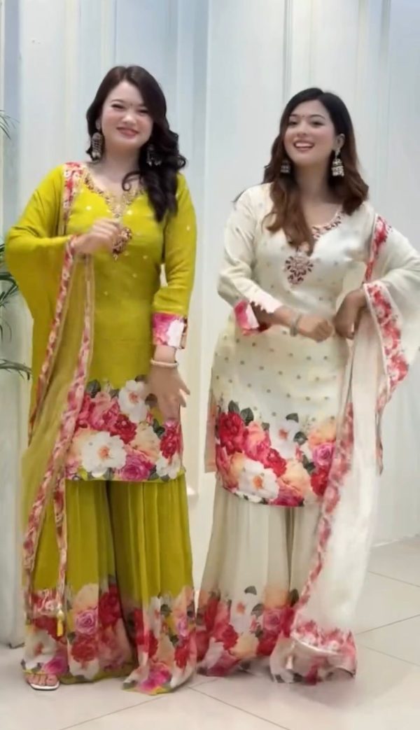 SRK 5301 White Heavy Faux Georgette With 5mm Embroidery Sequence Work With Digital print Full Sleeve Salwar Suit Wedding, Party, 4-6 Working Days At 1999 | Jump Suits, Salwar suit, Casual Suits, Creative suits, Designer Suits, Palazzo Suits, Party Wear Suits, Patiala Suits, Straight Suits