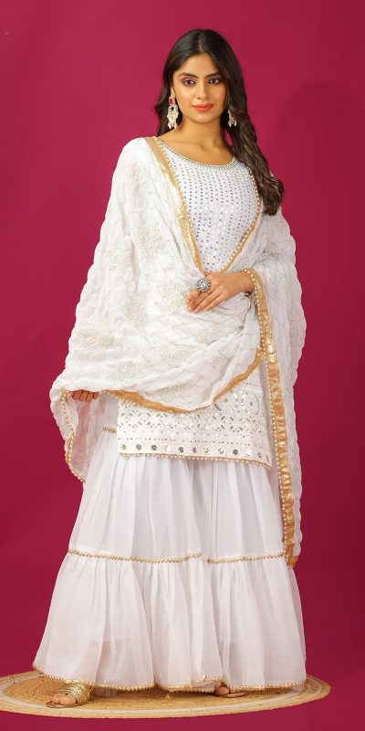 SR 1671 White Georgette Salwar Suit Perfect for Wedding, Party, Cultural Events, Temple Visit, Lohri Now at just ₹1799. Delivery 4-6 Working Days. | Jump Suits, Tops & Bottoms, Track Suits, Salwar suit, Casual Suits, Creative suits, Designer Suits, Palazzo Suits, Party Wear Suits, Patiala Suits, Straight Suits, Trendy Wear