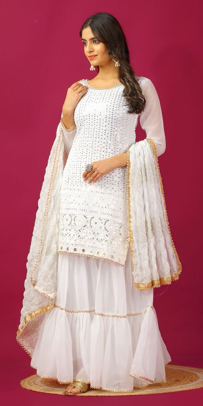 SR 1671 White Georgette Salwar Suit Perfect for Wedding, Party, Cultural Events, Temple Visit, Lohri Now at just ₹1799. Delivery 4-6 Working Days. | Jump Suits, Tops & Bottoms, Track Suits, Salwar suit, Casual Suits, Creative suits, Designer Suits, Palazzo Suits, Party Wear Suits, Patiala Suits, Straight Suits, Trendy Wear