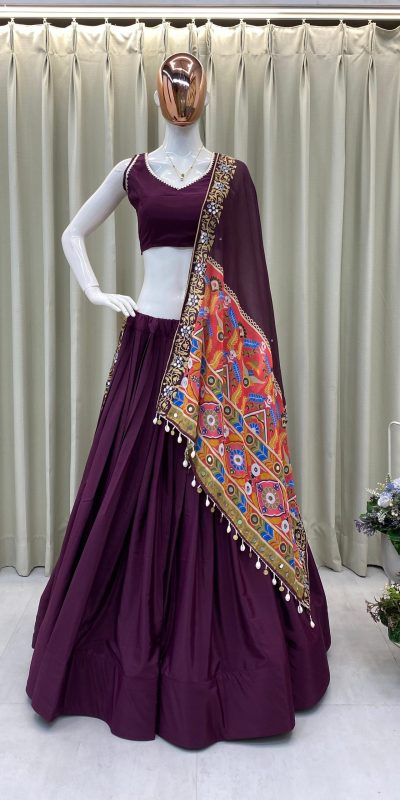 BE 393 Wine Crape Silk Lehenga Choli Perfect for Wedding, Party, Engagement, Anniversary, Traditional Day Get it for ₹1999. Delivery 4-6 Working | Lehenga, Bollywood Lehenga, Creative Lehenga, Designer Lehenga, Embroidered Lehenga, Party Wear Lehenga