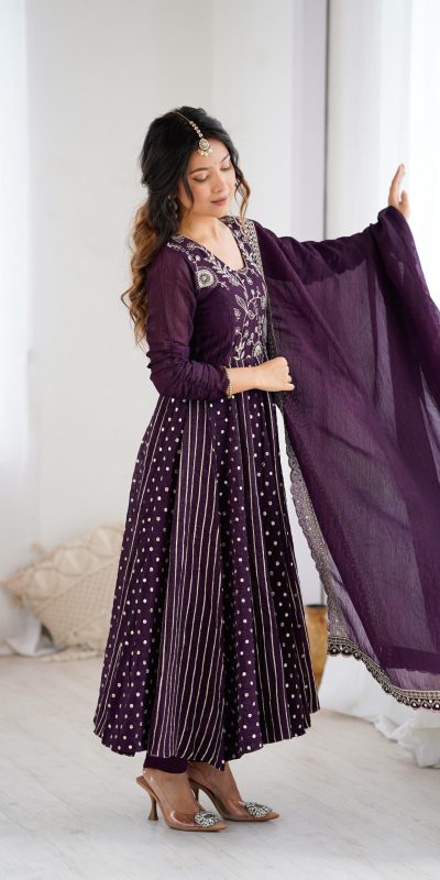 SRK 5293 Wine With Crunchy Silk With Fully Flair with Lace Work & Embroidery Work Anarkali Gown . Introductory Price ₹2149. Delivery 4-6 Worki | Gowns, Bollywood Gowns, Creative Gowns, Designer Gowns, Embroidered Gowns, Party Wear Gowns
