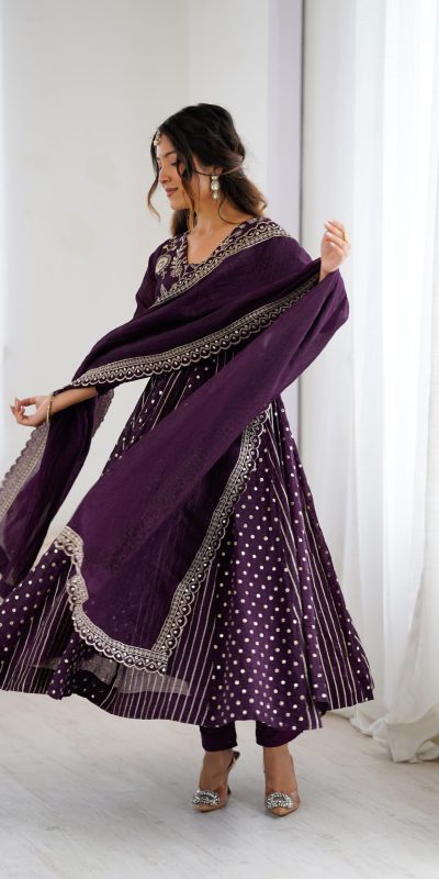 SRK 5293 Wine With Crunchy Silk With Fully Flair with Lace Work & Embroidery Work Anarkali Gown . Introductory Price ₹2149. Delivery 4-6 Worki | Gowns, Bollywood Gowns, Creative Gowns, Designer Gowns, Embroidered Gowns, Party Wear Gowns