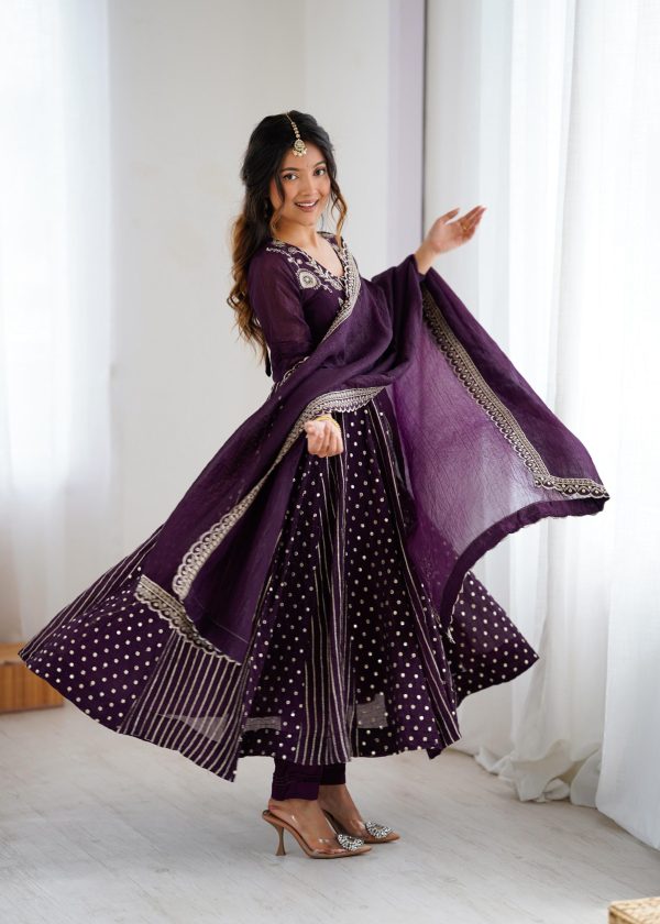 SRK 5293 Wine With Crunchy Silk With Fully Flair with Lace Work & Embroidery Work Anarkali Gown . Introductory Price ₹2149. Delivery 4-6 Worki | Gowns, Bollywood Gowns, Creative Gowns, Designer Gowns, Embroidered Gowns, Party Wear Gowns