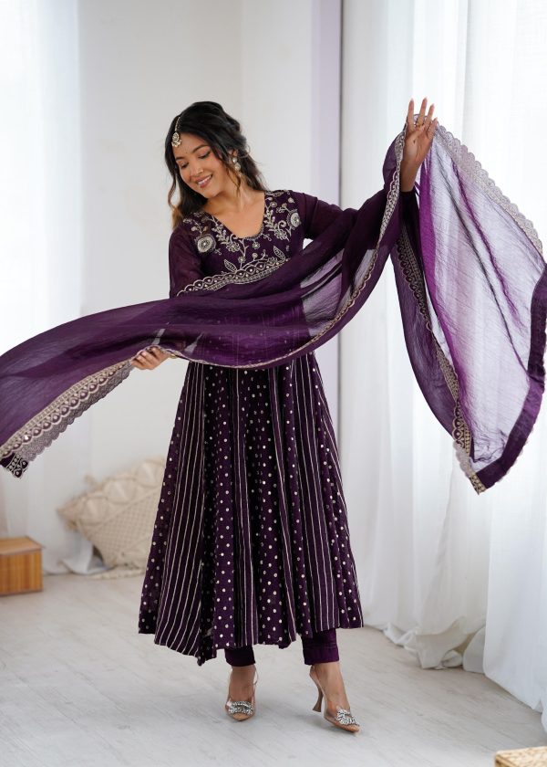 SRK 5293 Wine With Crunchy Silk With Fully Flair with Lace Work & Embroidery Work Anarkali Gown . Introductory Price ₹2149. Delivery 4-6 Worki | Gowns, Bollywood Gowns, Creative Gowns, Designer Gowns, Embroidered Gowns, Party Wear Gowns