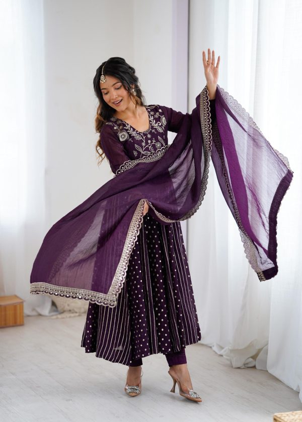 SRK 5293 Wine With Crunchy Silk With Fully Flair with Lace Work & Embroidery Work Anarkali Gown . Introductory Price ₹2149. Delivery 4-6 Worki | Gowns, Bollywood Gowns, Creative Gowns, Designer Gowns, Embroidered Gowns, Party Wear Gowns
