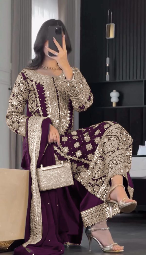 SR 1654 Maroon in Faux Georgette With Heavy Embroidery Sequence Work Wedding, Party, Festive, Events Special 4-6 Working Days At 2599/- Only | Jump Suits, Salwar suit, Casual Suits, Creative suits, Designer Suits, Palazzo Suits, Party Wear Suits, Patiala Suits, Straight Suits