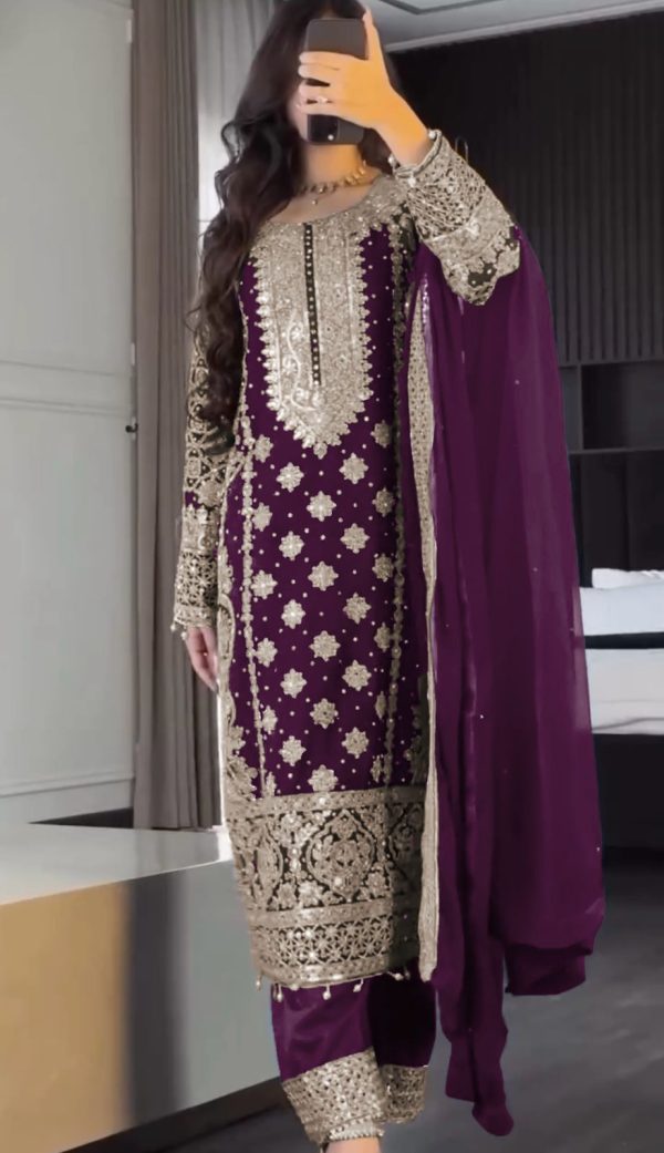 SR 1654 Maroon in Faux Georgette With Heavy Embroidery Sequence Work Wedding, Party, Festive, Events Special 4-6 Working Days At 2599/- Only | Jump Suits, Salwar suit, Casual Suits, Creative suits, Designer Suits, Palazzo Suits, Party Wear Suits, Patiala Suits, Straight Suits