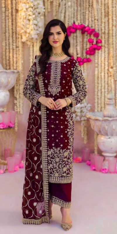 SRK 5238 Maroon Faux Georgette With 5mm Embroidery Sequence Work with Beads Work Wedding, Party, Festive, Events, 4-6 Working Days At 2399 | Jump Suits, Salwar suit, Casual Suits, Creative suits, Designer Suits, Palazzo Suits, Party Wear Suits, Patiala Suits, Straight Suits